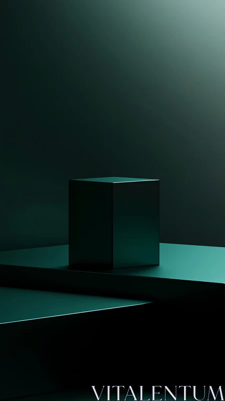 Minimalist emerald cube on tiered geometric plinths.