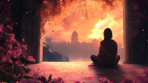 Backlit cloaked figure studies sunset skyline through floral arch