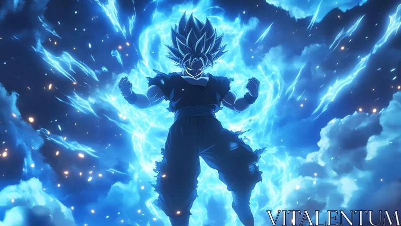 Energy-charged anime figure levitates within blue lightning field