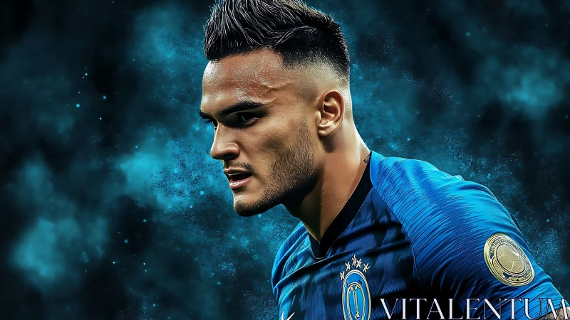 Focused footballer portrait against electric blue nebula background