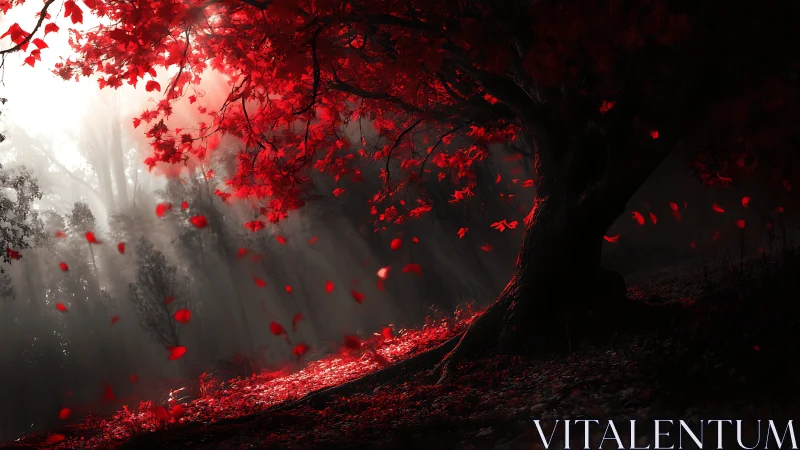 High-contrast red foliage tree under volumetric god rays in mist
