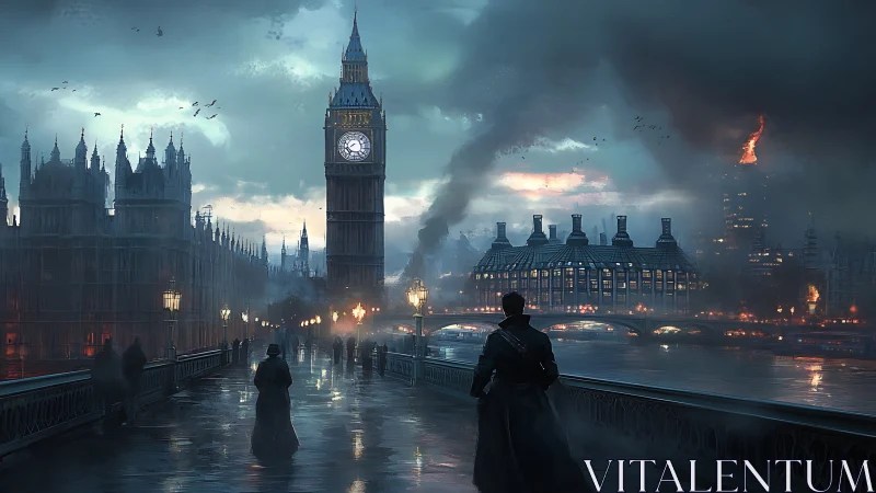 Brooding steampunk London skyline under stormy twilight skies.