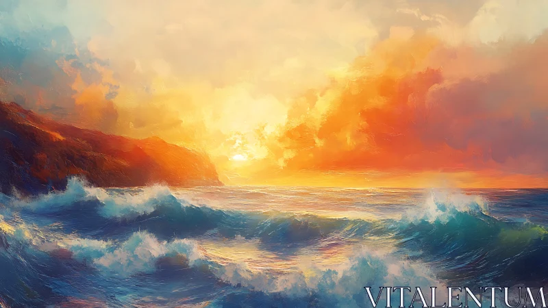 Glowing sunset surf dancing along a wild painted coastline.