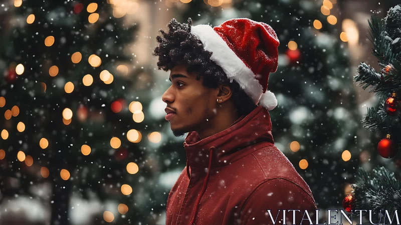 Young man in Santa hat walks through glowing snowfall.