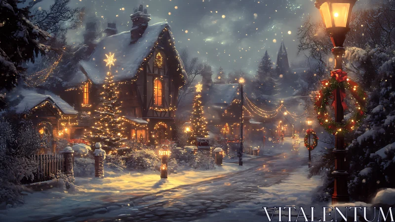 Snowy Christmas village street glows with warm festive lights