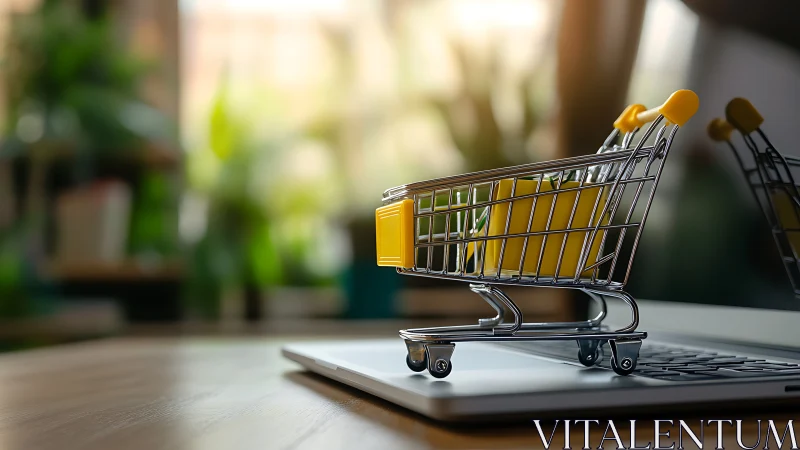 Pocket-sized shopping cart cruising atop laptop keys.