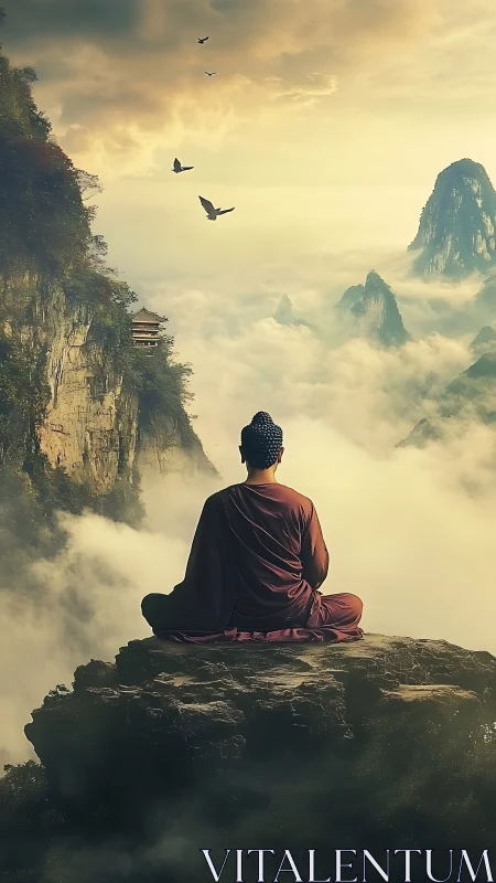 Monk sits on cliff edge above dense mountain cloudscape