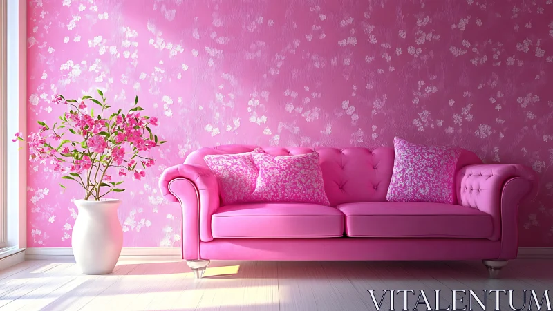 Bold pink sofa in floral interior with coordinated accents.