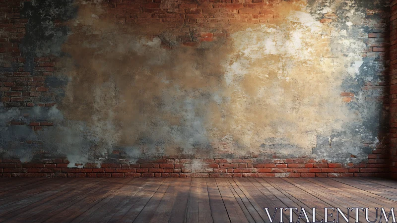 Weathered brick wall with distressed plaster and wooden floor