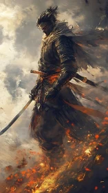 Lone armored samurai walks through burning embers and smoke