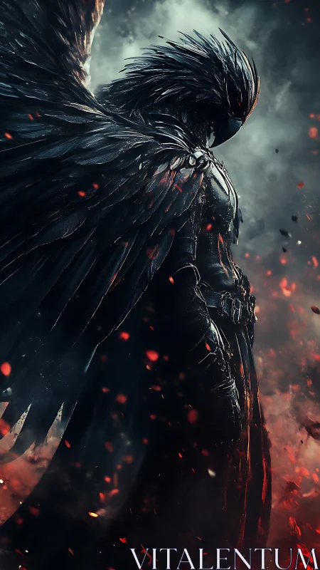 Armored dark seraph with obsidian wings in ember storm