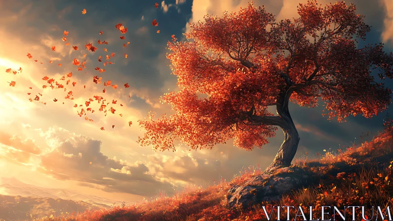 Isolated red tree on hillside with scattered autumn foliage.