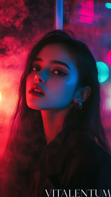 Neon lit portrait captures pensive woman in colored smoke