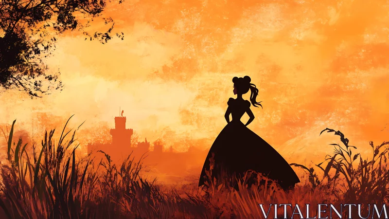 Silhouette of woman in field with distant castle at dusk.