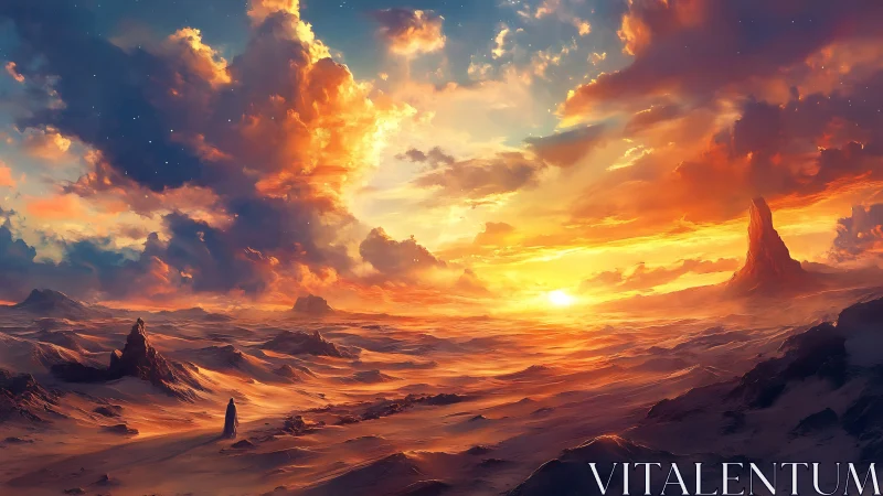 Lone wanderer crossing luminous desert under cosmic sunset.