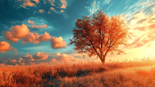 Lone autumn tree glows against vibrant sunset field sky