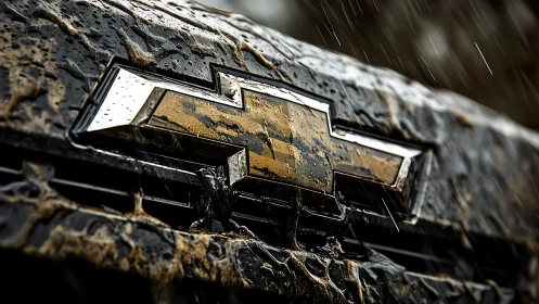 Mud-splattered metallic grille emblem under dynamic rainfall streaks
