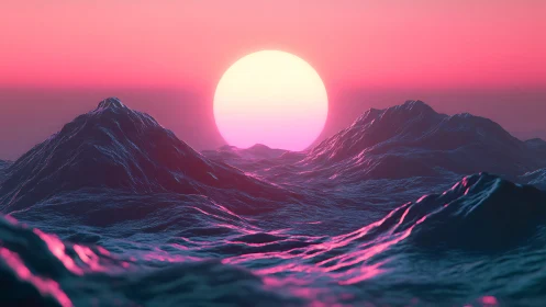 Digital seascape with stylized sun over low polygon waves.
