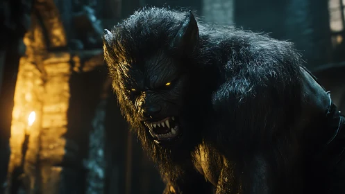 Brooding werewolf guardian glowing in eerie castle light.