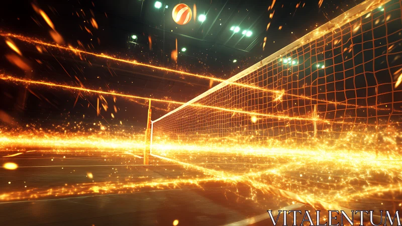 Volleyball court net sliced by dynamic neon light trails