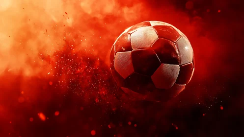 Photorealistic soccer ball amid dynamic red particle burst.