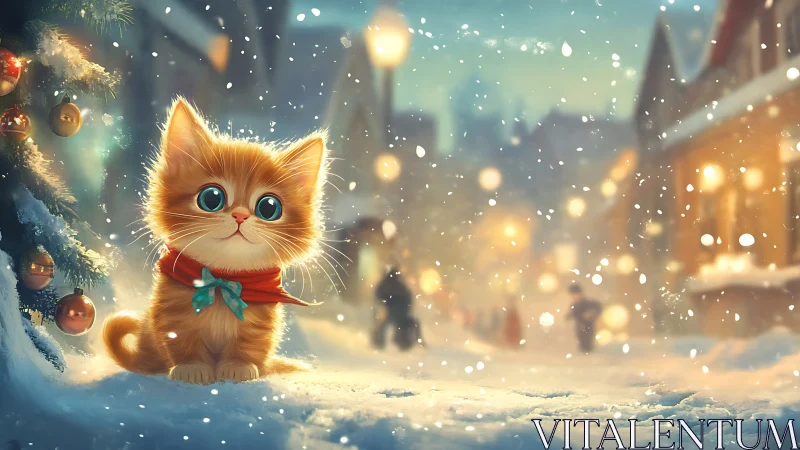 Snow-illuminated kitten portrait in festive urban bokeh field.