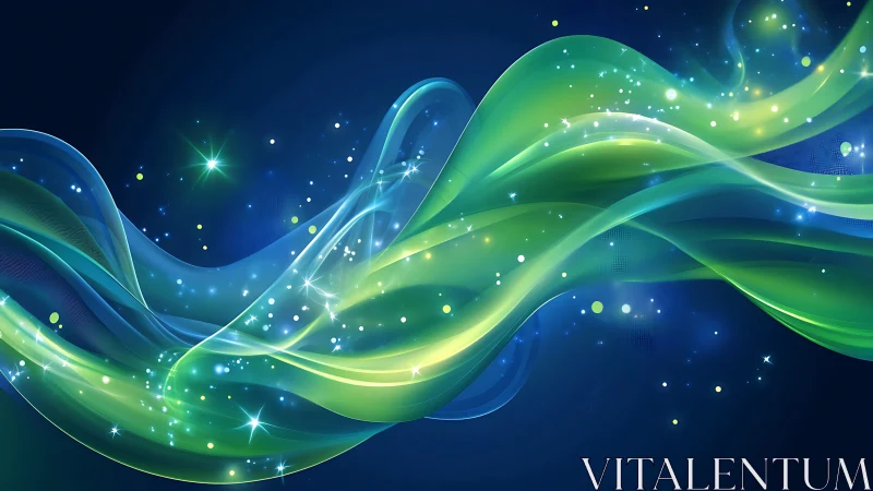 Luminous green light waves over deep blue cosmic field.