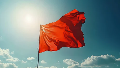Red flag in strong backlight against deep cyan sky.