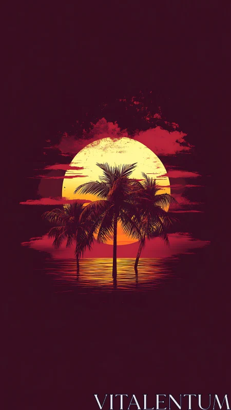 Neon dusk palms silhouetted before radiant retro sunscape.