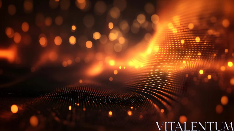 Glowing Abstract Digital Wave With Orange Bokeh Light Effects.