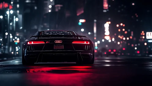 Rear view high-performance coupe in neon-lit wet city street