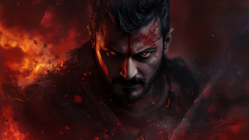 Intense warrior portrait amid red fire and swirling embers.