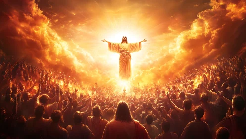 Radiant figure ascending above crowd in blazing sky.