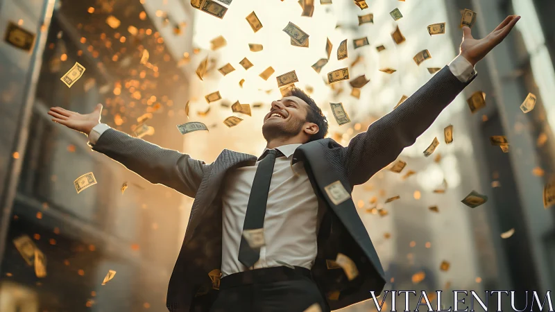 Joyful businessman welcomes a golden shower of flying money