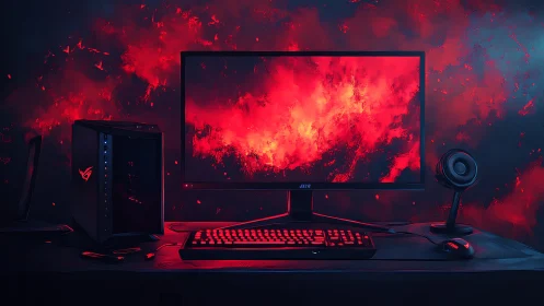Gaming desktop setup with fiery red monitor glow.