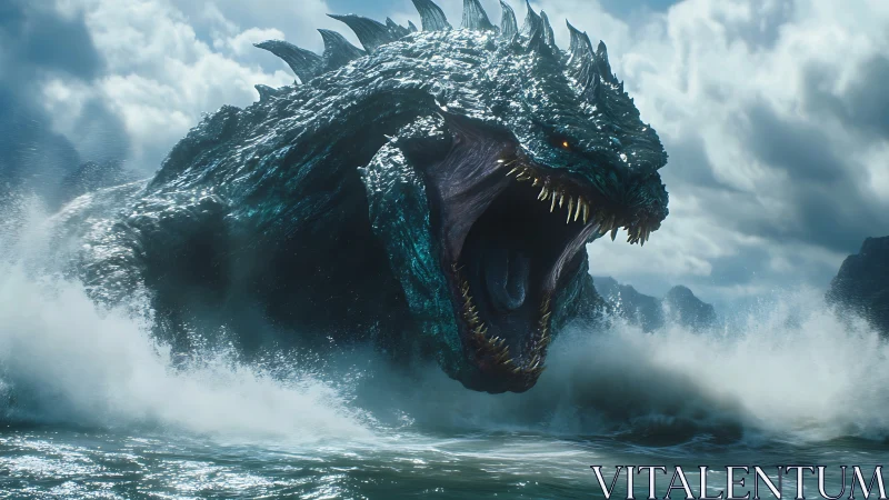 Ocean titan rises roaring from stormy waves in awe.