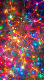 Tangled multicolor fairy lights glow in a festive blur.