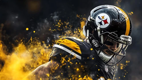 Pittsburgh football player in helmet with yellow smoke burst