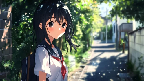 Summer light falls on a quiet, pensive schoolgirl street.
