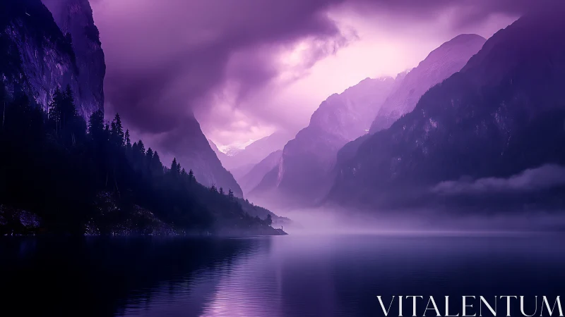 Violet mist drifts through silent glacier-carved valley lake.