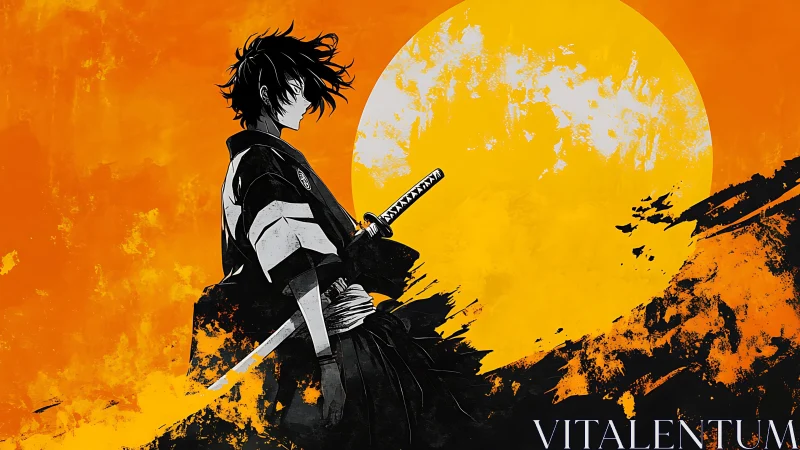Lone anime swordsman stands bold against a blazing sun