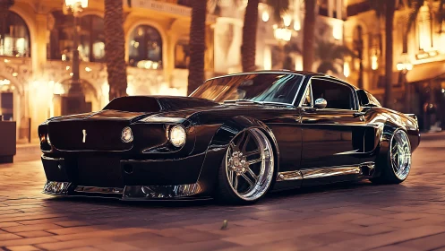 Custom black muscle car parked on city street at night.