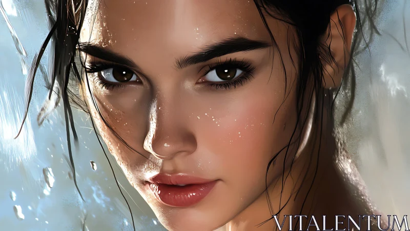 Hyperreal wet portrait with microdroplet surface rendering.