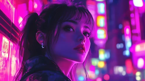 Portrait of a young woman in neon illuminated urban street