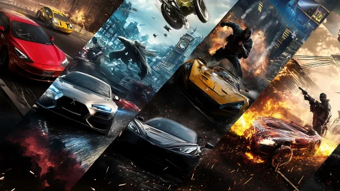 Futuristic hypercars race through explosive cyber-urban chaos