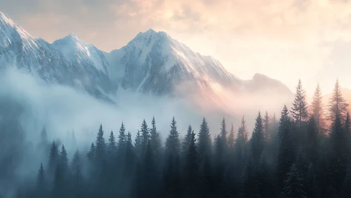 Snowcapped alpine ridge above misted conifer forest at dawn.