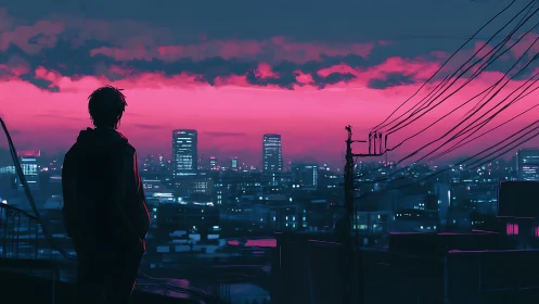 Silhouetted figure overlooks neon lit city under magenta sky