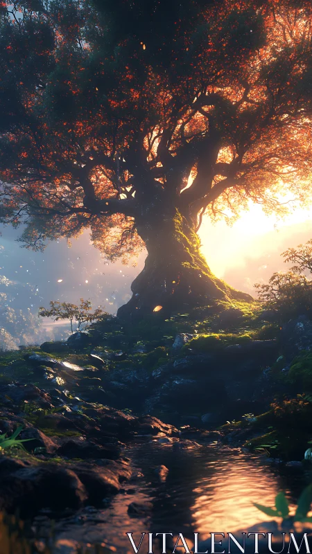 Ancient luminous tree crowns mossy stream at sunrise