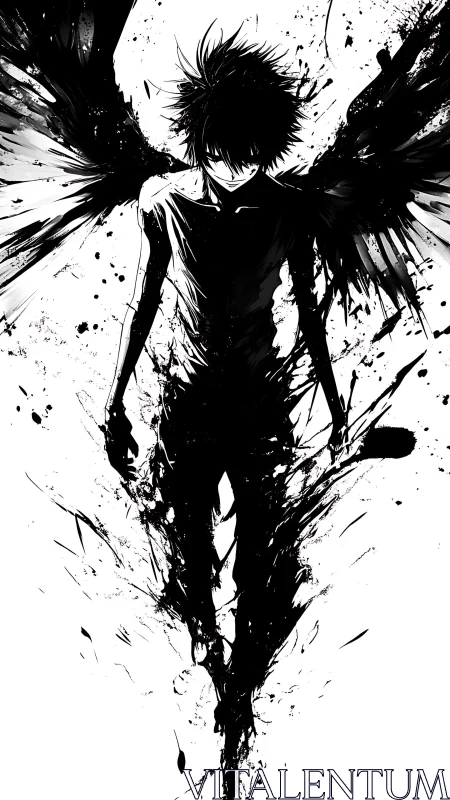 Ink-splattered dark angel figure in high-contrast silhouette.