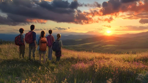 Hiking group observes panoramic sunset over rolling hills